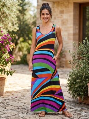 Vibrant Multi-Color Striped Sleeveless Maxi Dress